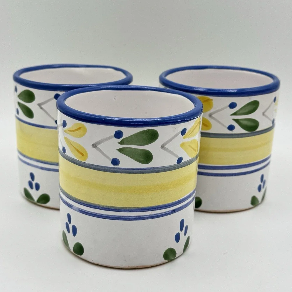 Pier 1 Solimar Mug Set‎ 3 Hand Painted Tunisia Blue Yellow Mediterranean Floral